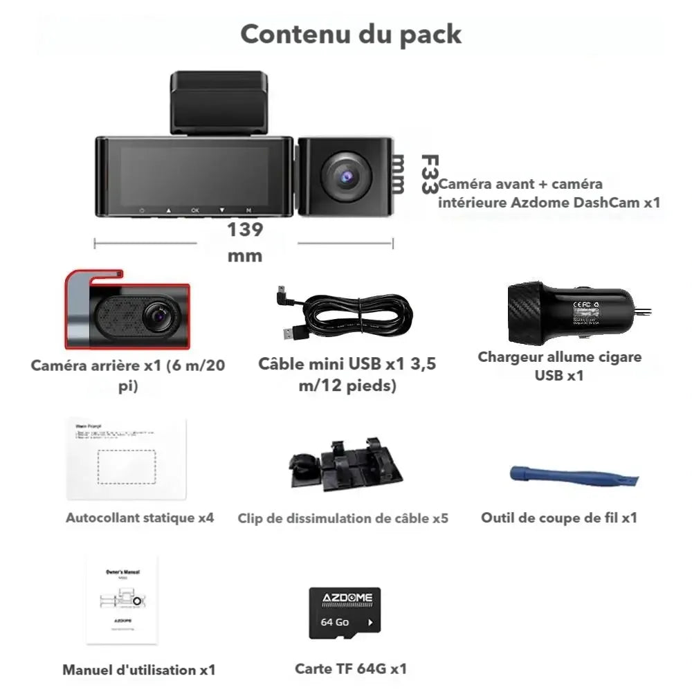 Dashcam voiture avant et arrière avec vision nocturne