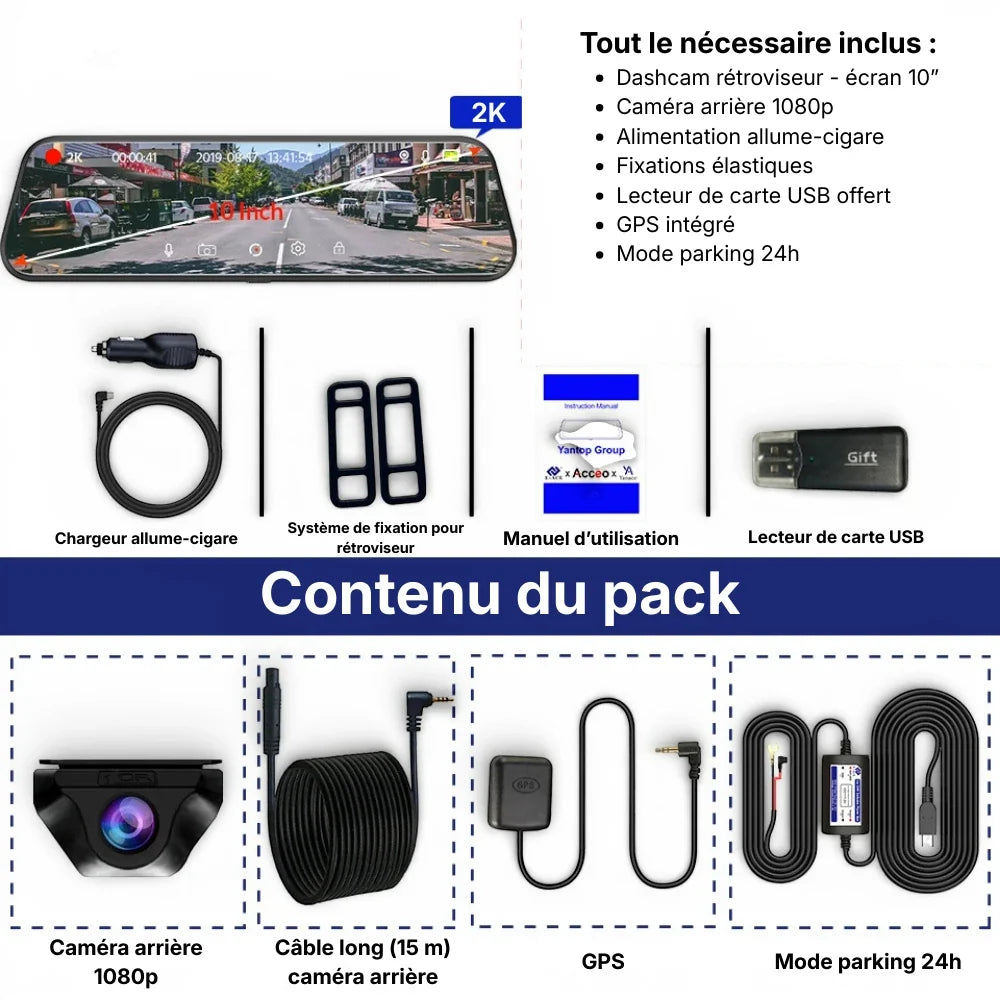 Dashcam rétroviseurs avant arrière GPS mode Parking